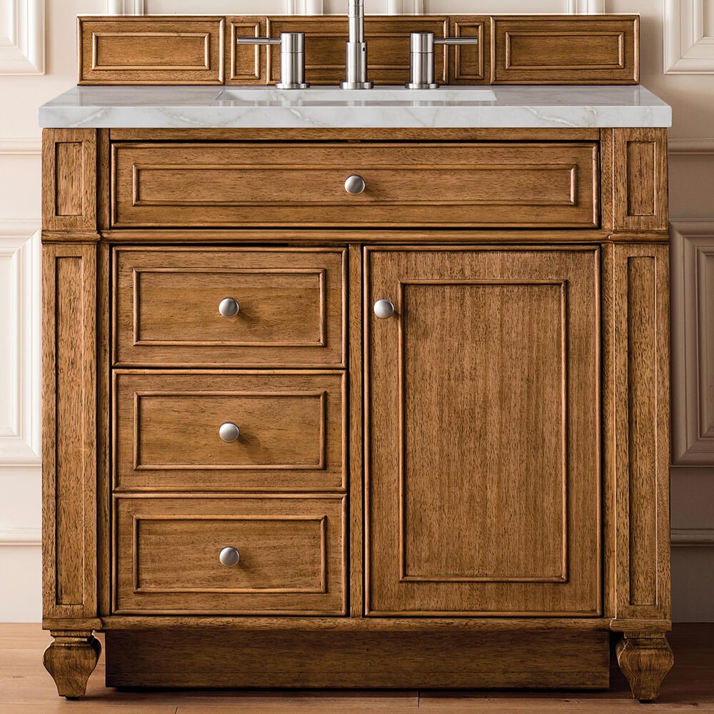 James Martin Vanities Bristol 36&quot; Single Bathroom Vanity in Saddle Brown with 3 cm Victorian Silver Quartz Top and Rectangular Sink, , large