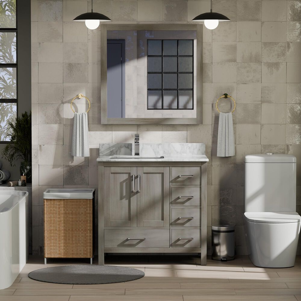 Lexora Home Jacques 36&quot; Left Offset Single Bathroom Vanity in Distressed Grey with 2 cm White Carrara Marble Top and Rectangular Sink, , large