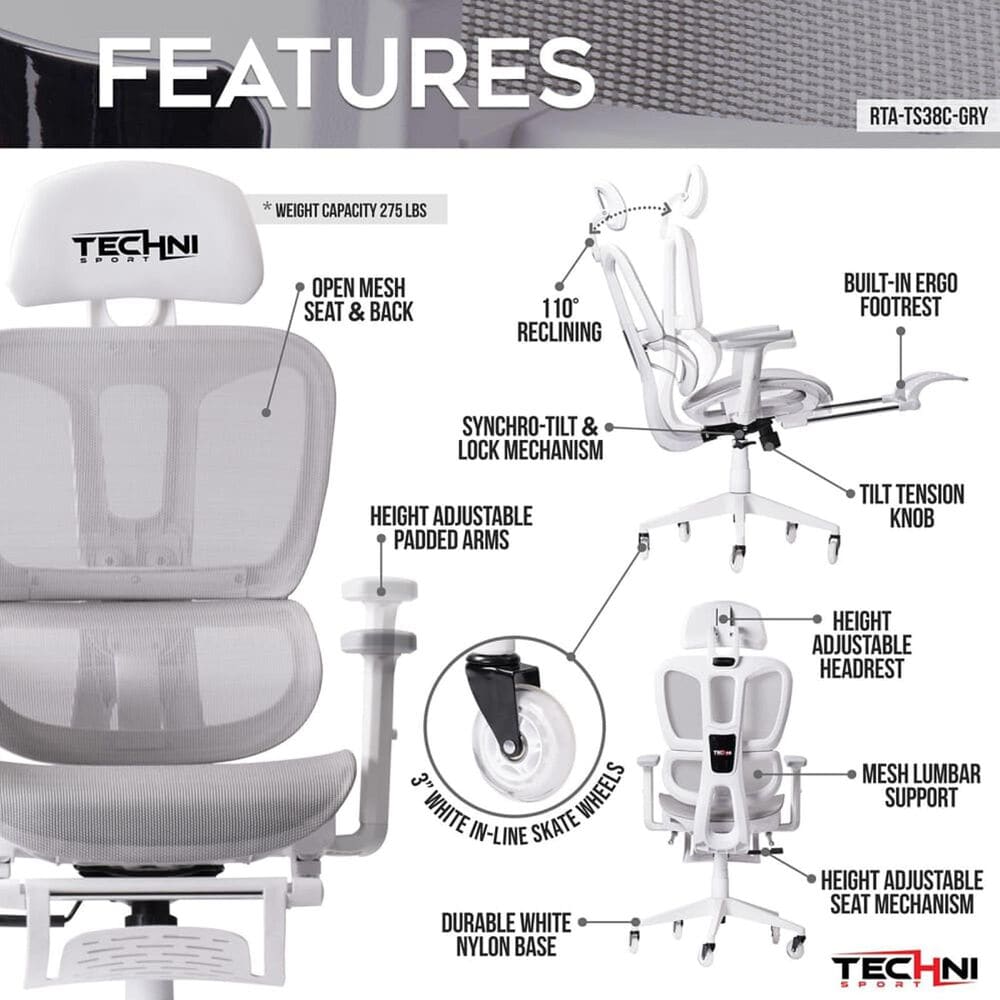 Techni Sport AirFlex 2.0 Gaming Chair in White and Light Grey, , large