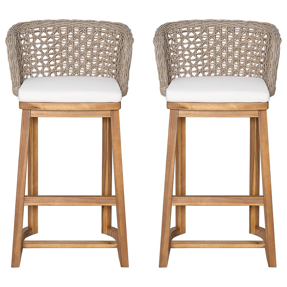 Hearth and Haven Outdoor Bar Stool with Woven Wicker Back and Cushion in Beige (Set of 2), , large