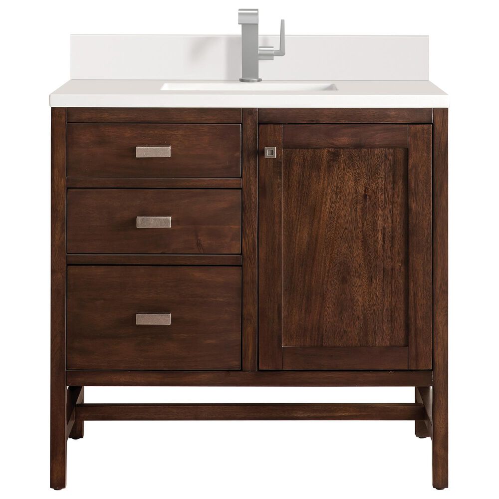 James Martin Vanities Addison 36" Single Bathroom Vanity in Mid-Century Acacia with Single Hole 3 cm White Zeus Quartz Top and Rectangular Sink, , large