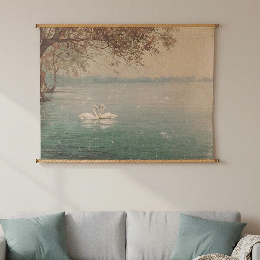 Creative Coop Heirloom 37" x 48" Canvas Scroll Swans Wall Decor in Multicolor, , large