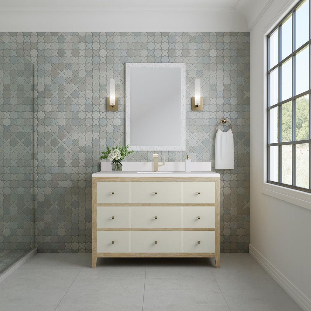 James Martin Vanities Celeste 48&quot; Single Vanity in Sun-washed Oak with Embossed Shagreen and with Single Hole 3 cm White Zeus Quartz Top &amp; Backsplash, , large