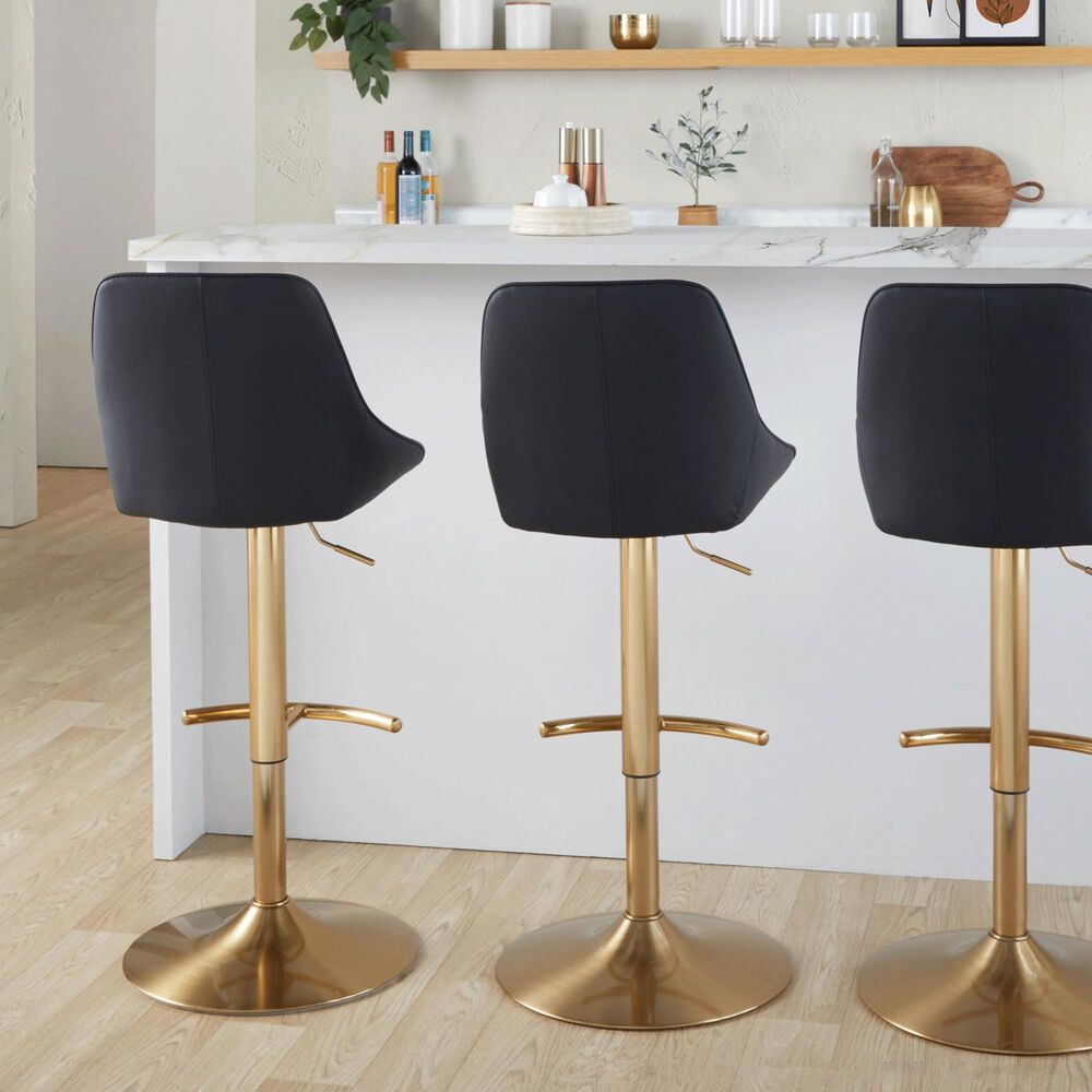 LumiSource Diana Adjustable Barstool with Black Faux Leather Upholstery in Gold (Set of 2), , large