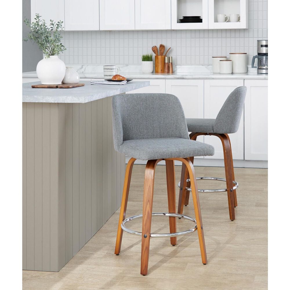 LumiSource Toriano Swivel Counter Stool with Grey Fabric Upholstery in Walnut and Chrome (Set of 2), , large