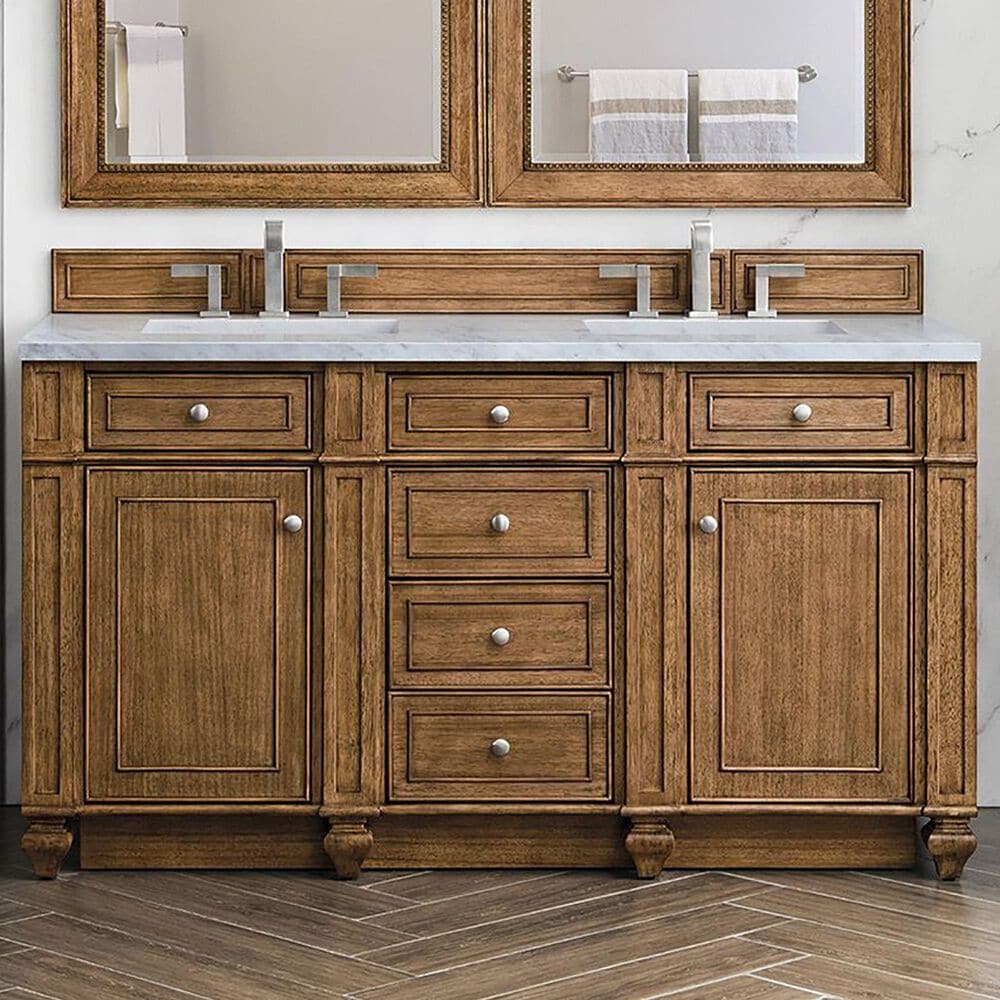 James Martin Vanities Bristol 60&quot; Double Bathroom Vanity in Saddle Brown with 3 cm Eternal Jasmine Pearl Quartz Top and Rectangular Sinks, , large