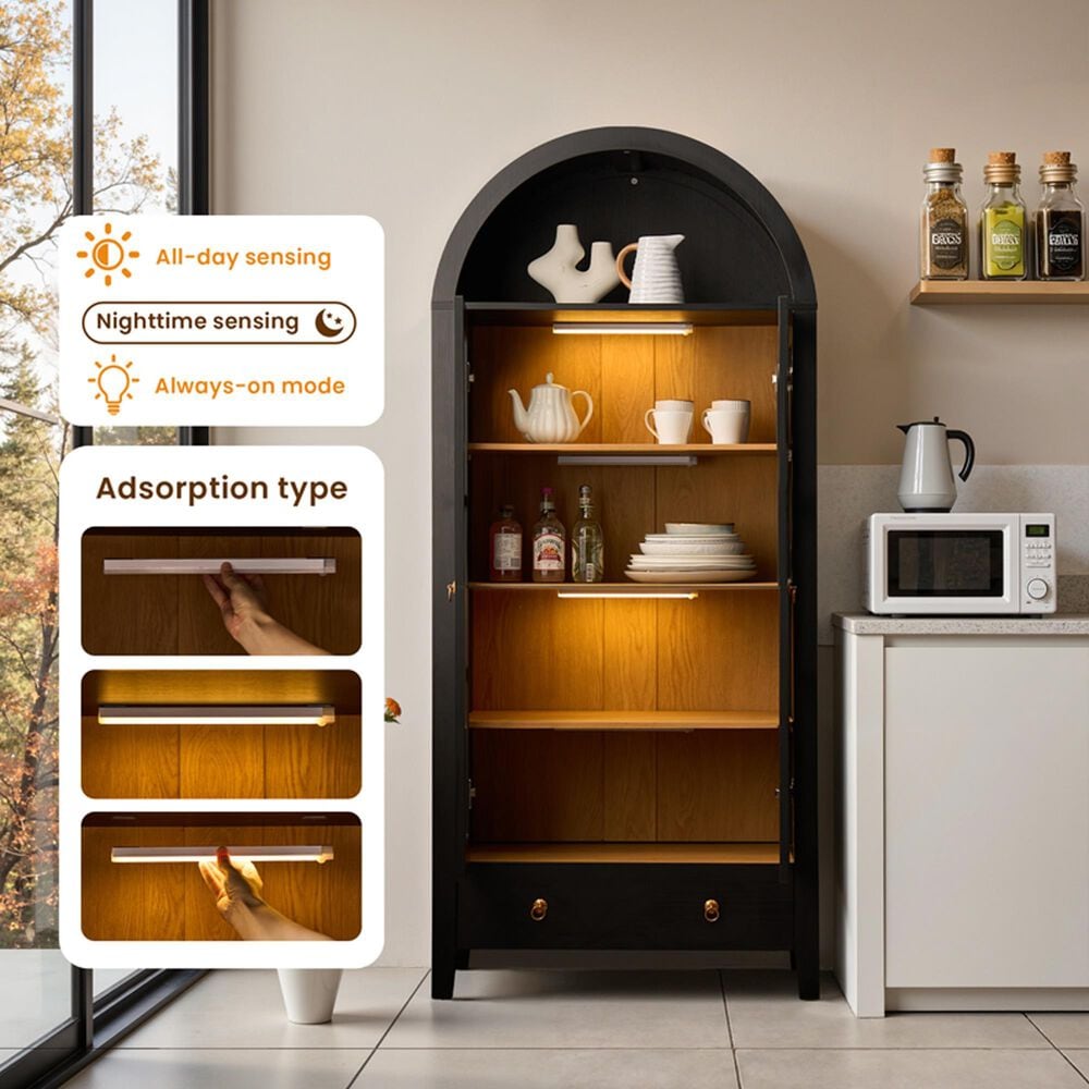 HOMLUX Arched Storage Cabinet with LED Induction Lights in Black, , large