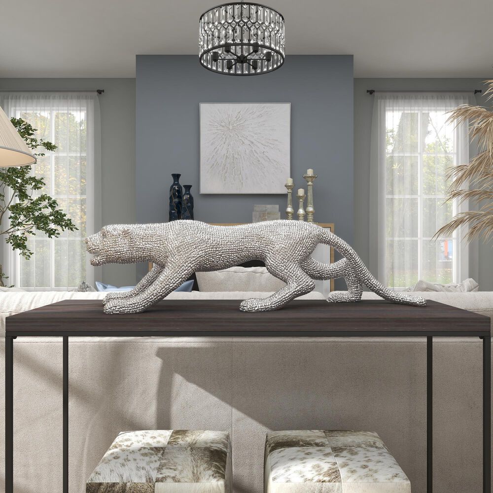 Maple and Jade Leopard Decorative Sculpture with Carved Faceted Diamond Exterior in Polished Silver, , large
