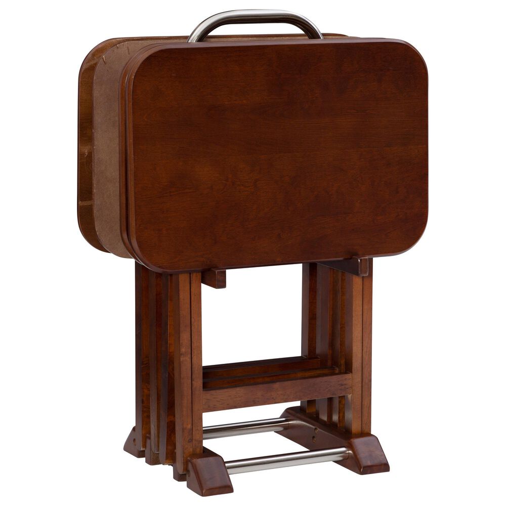 Linon Home Decor Burke Folding TV Tray Table Set with Stand in Dark Cherry and Chrome (Set of 4), , large