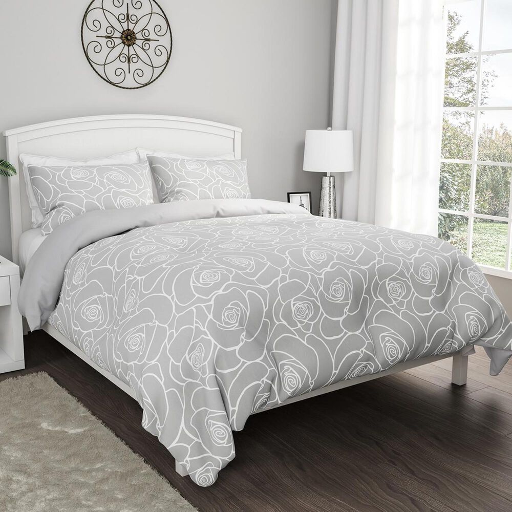 Timberlake Lavish Home 3-Piece King Bed of Roses Comforter Set in Rose Print & Soft Gray, , large