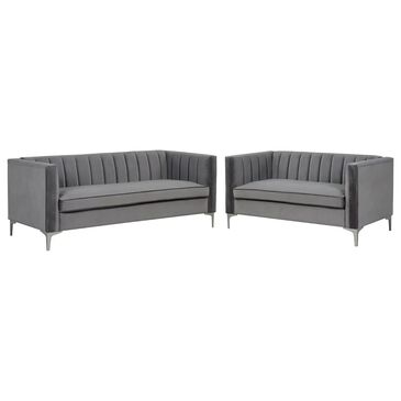 Morden Fort Channel Tufted 2-Piece Stationary Sofa and Loveseat in Grey Velvet, , large