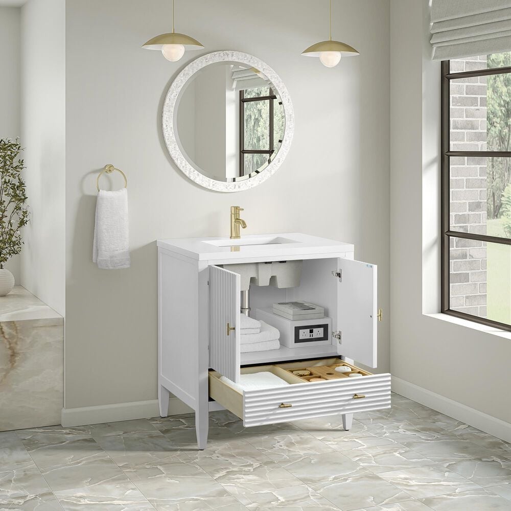 James Martin Myrrin 30" Single Bathroom Vanity in Bright White with Single Hole 3 cm White Zeus Silestone Top and Rectangular Sink, , large