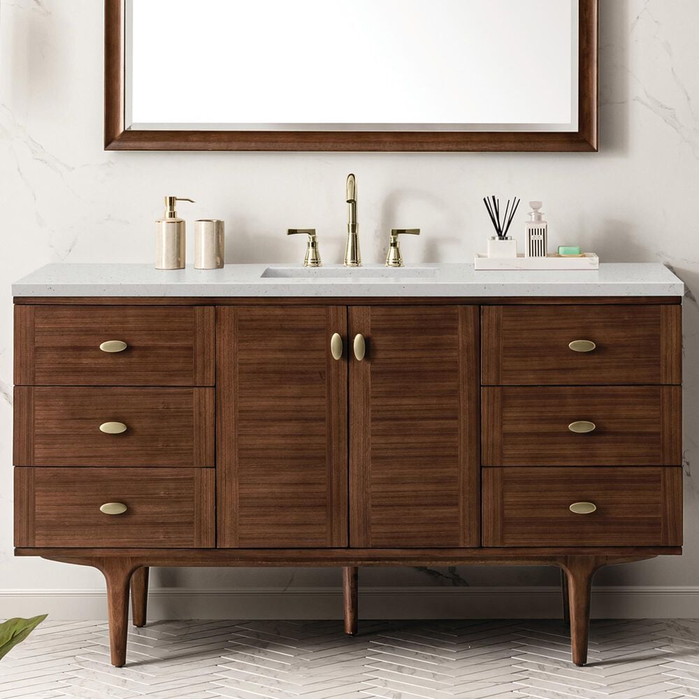 James Martin Vanities Amberly 60&quot; Single Bathroom Vanity in Mid-Century Walnut with 3 cm Lime Delight Quartz Top and Rectangular Sink, , large