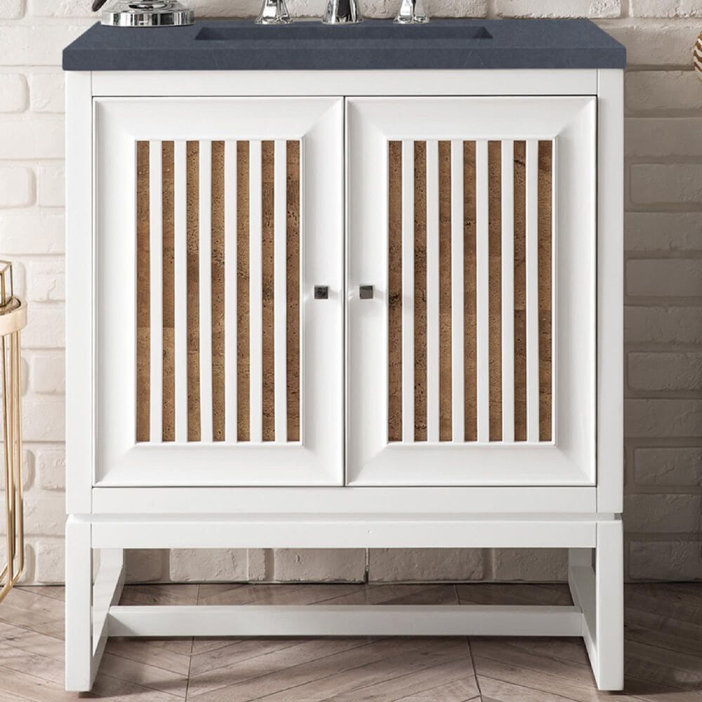 James Martin Vanities Athens 30&quot; Single Bathroom Vanity in Glossy White with 3 cm Charcoal Soapstone Quartz Top and Rectangular Sink, , large
