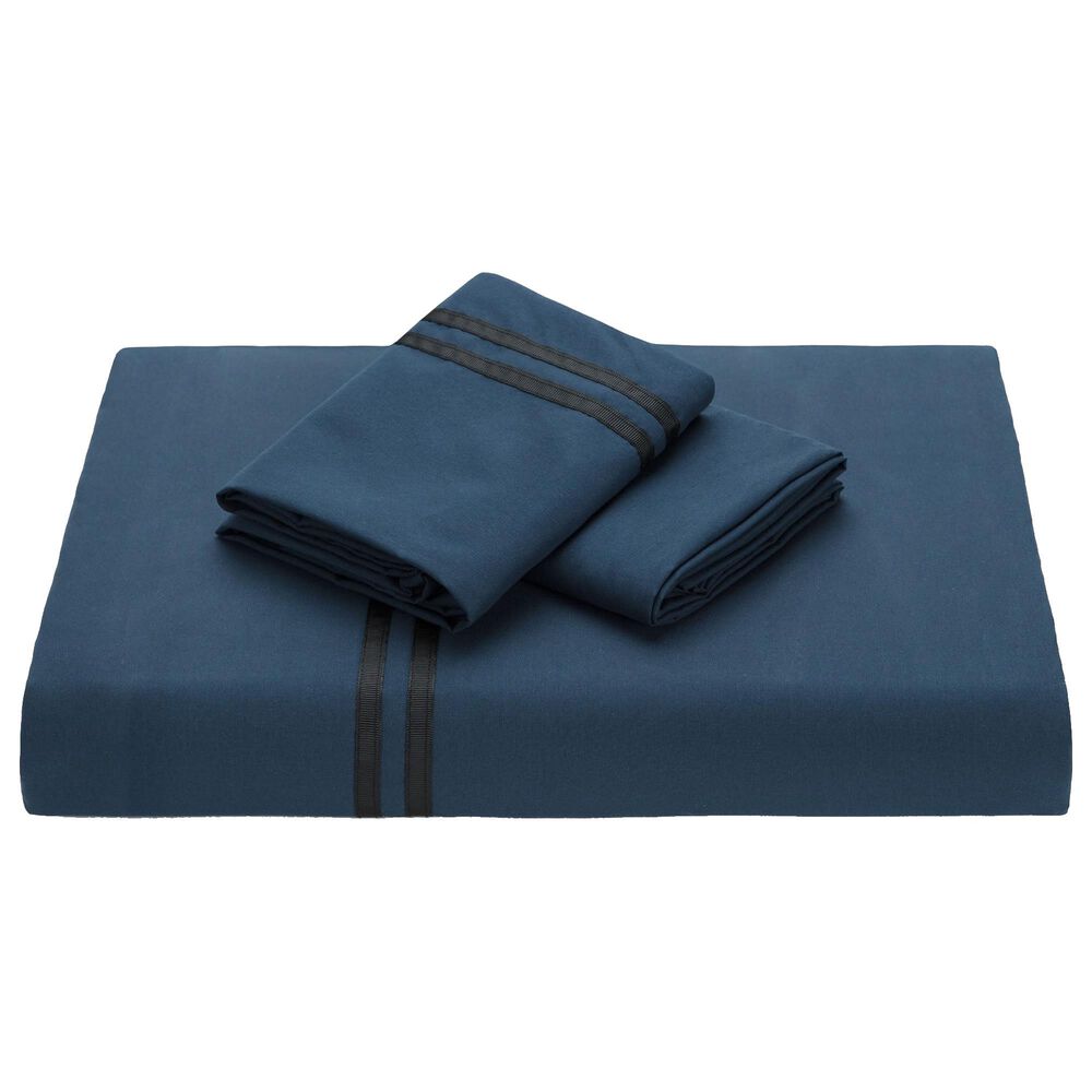 Bordered Ribbon 3-Piece King Duvet Cover Set in Navy, , large