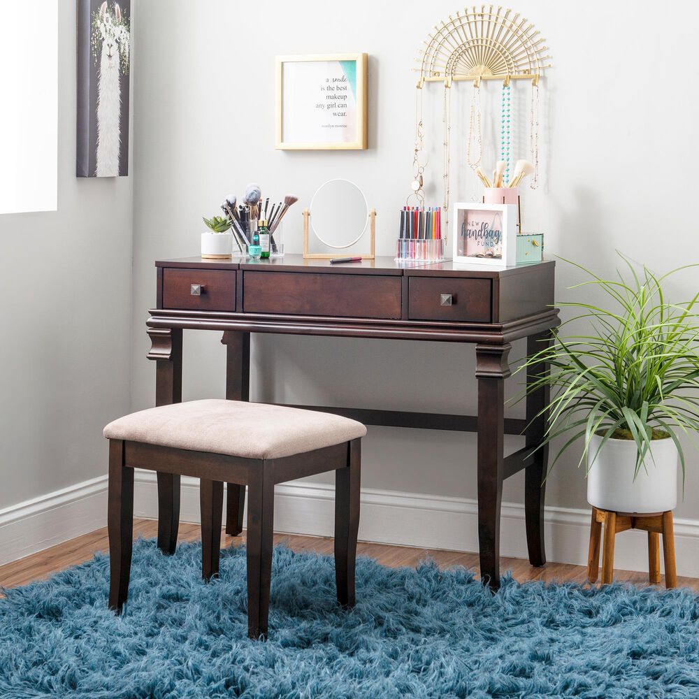 Linon Home Decor Angela Vanity with Stool in Walnut, , large