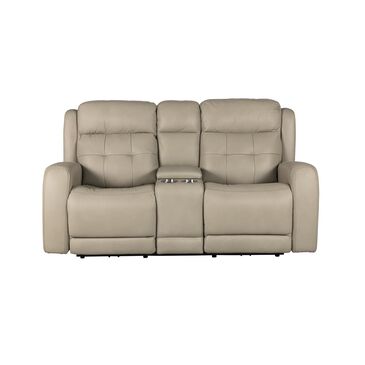 Flexsteel Grant Leather Match Power Console Loveseat with Power Headrest in Bisque, , large