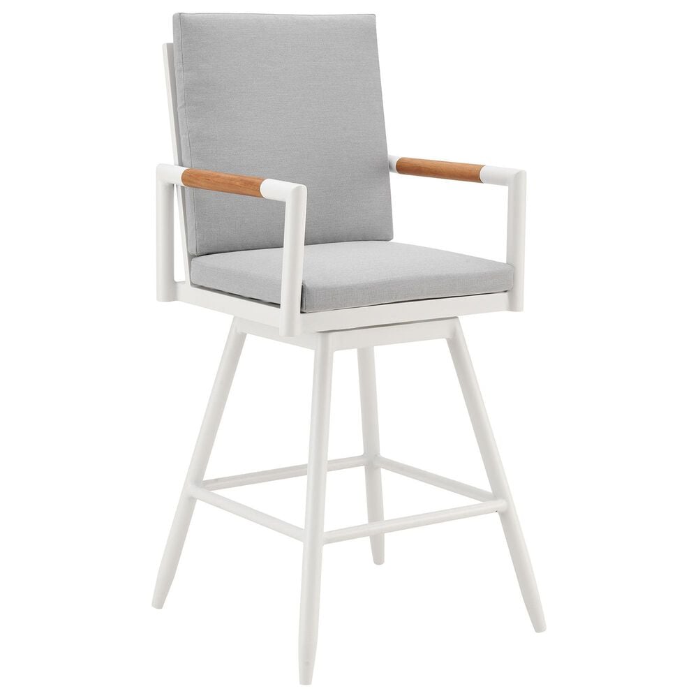 Armen Living Crown Patio Swivel Counter Height Bar Stool with Light Gray Cushion in White, , large