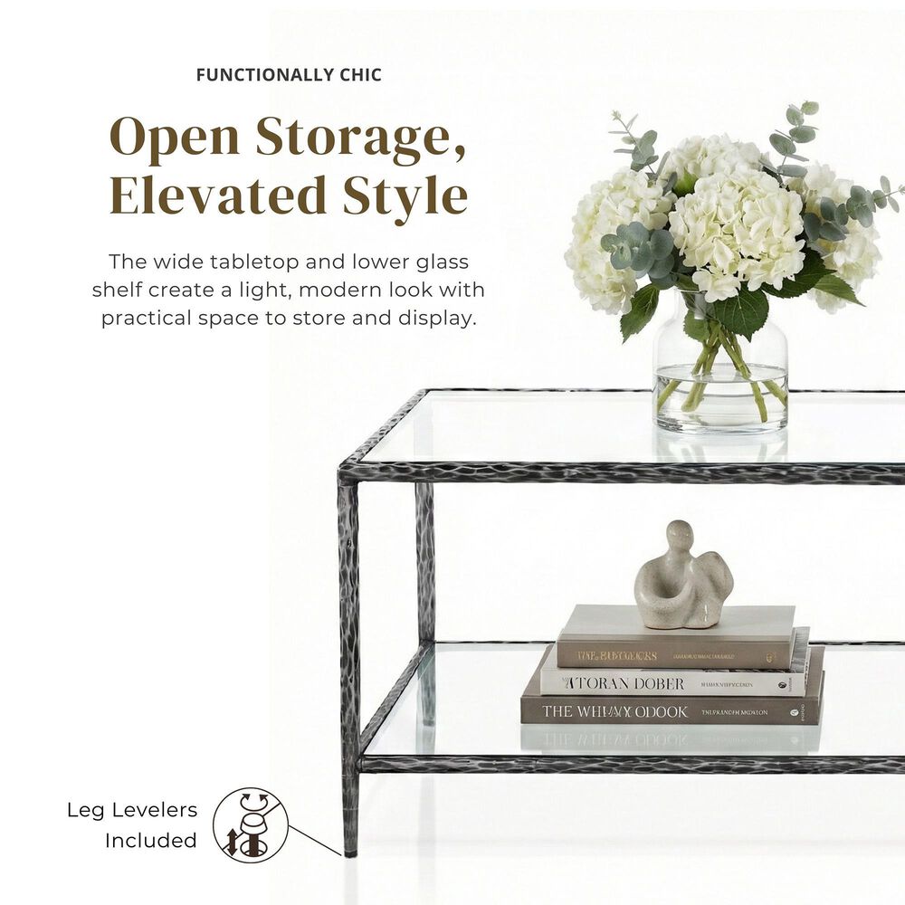 Furniture of America Lalia Coffee Table with Tempered Glass Top and Open Storage Shelf in Gun Metal, , large