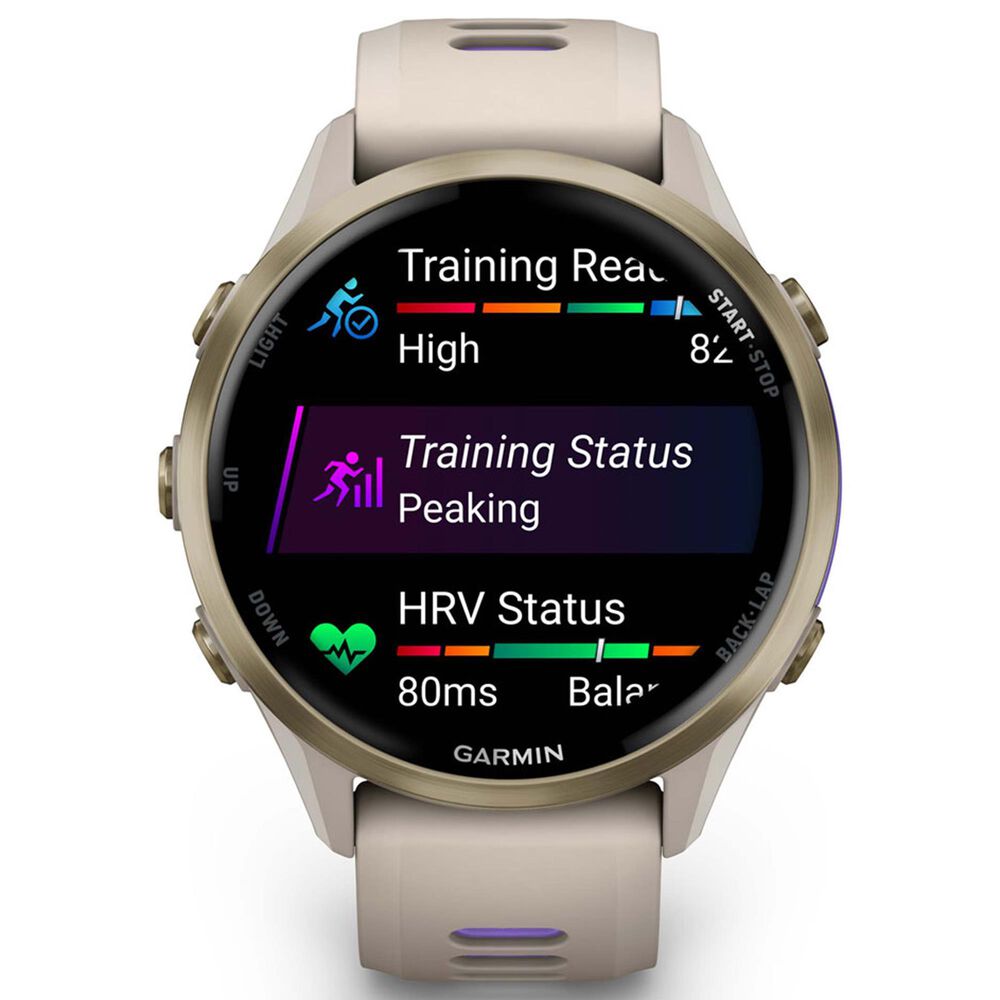 Garmin Forerunner 970 47 mm Soft Gold Titanium Case with French Gray and Translucent Indigo Band, , large