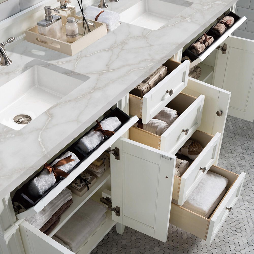 James Martin Vanities Brittany 72" Double Bathroom Vanity in Bright White with 3 cm Eternal Jasmine Pearl Silestone Top, Rectangular Sinks and FreePower Wireless Charger, , large