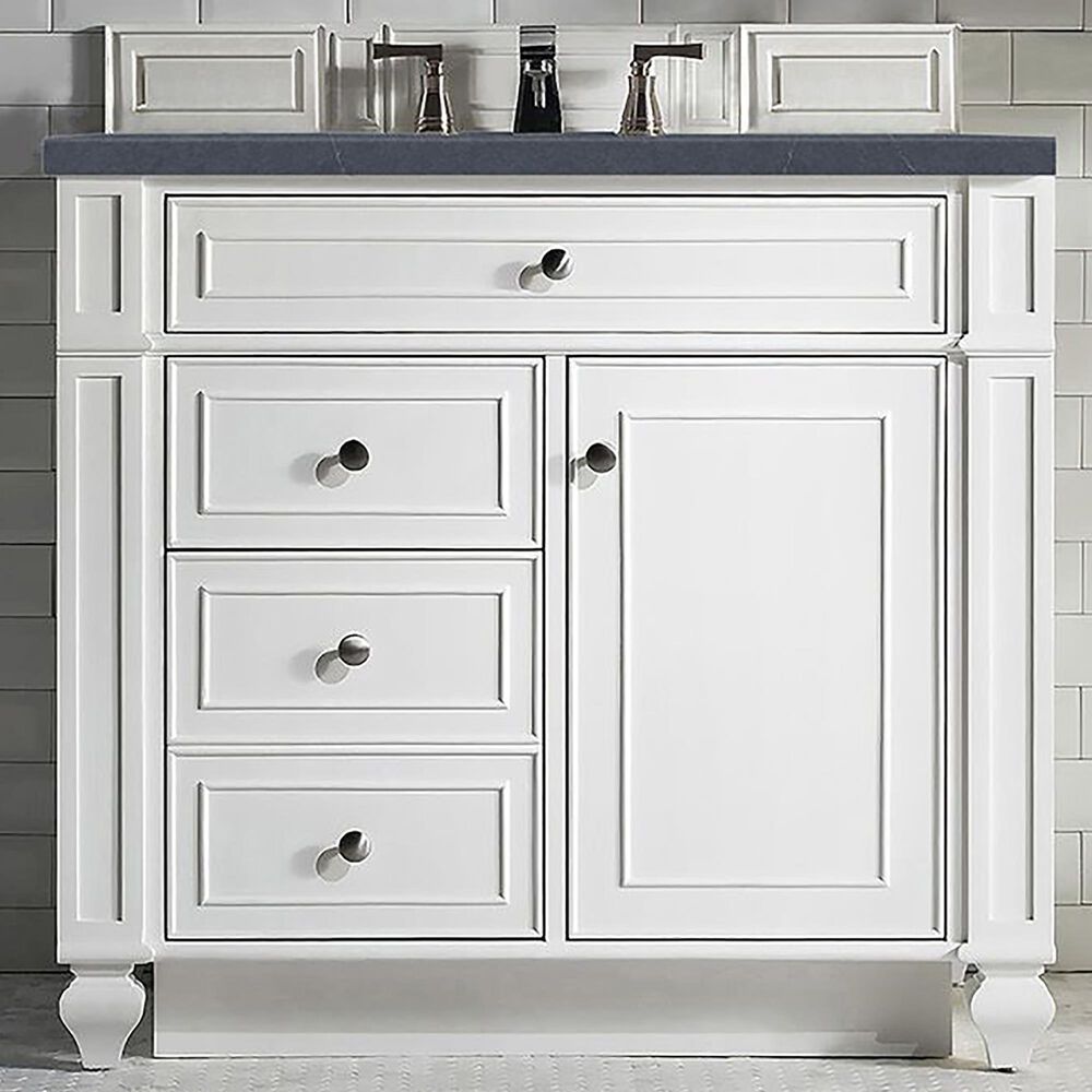 James Martin Vanities Bristol 36" Single Bathroom Vanity in Bright White with 3 cm Charcoal Soapstone Quartz Top and Rectangular Sink, , large
