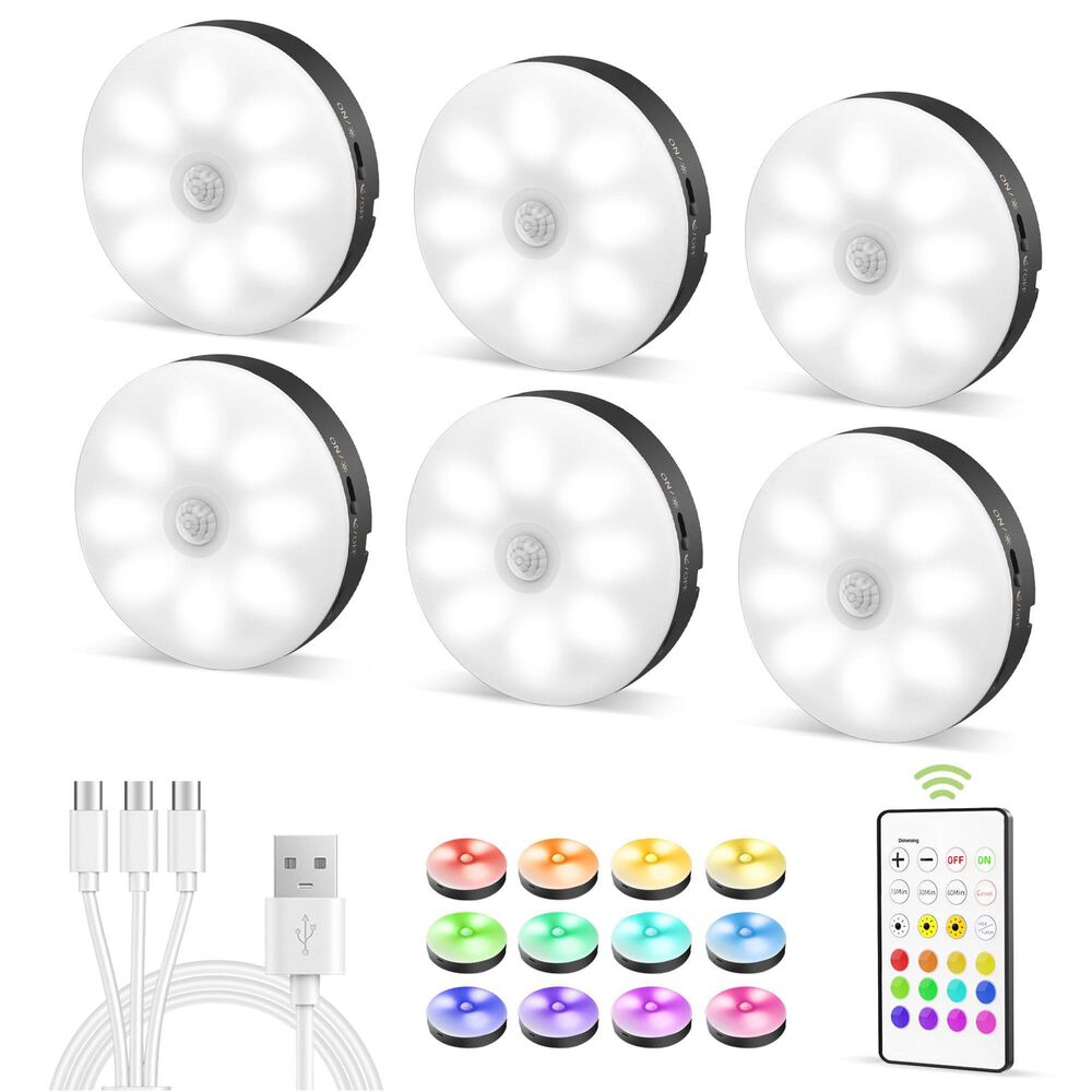 HOMLUX Motion Sensor Puck Light in Black (Set of 6), , large