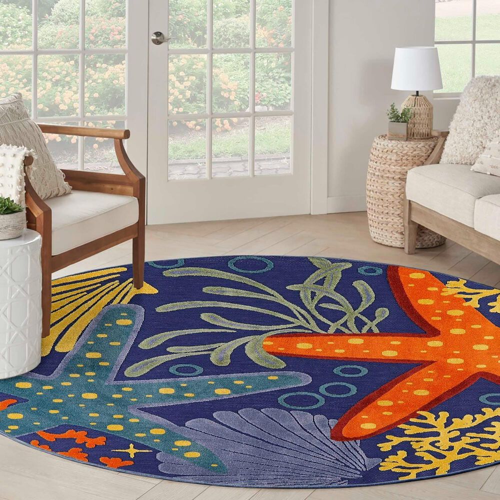 Nourison Aloha ALH24 5&#39;3&quot; Round Navy and Multicolor Indoor/Outdoor Area Rug, , large