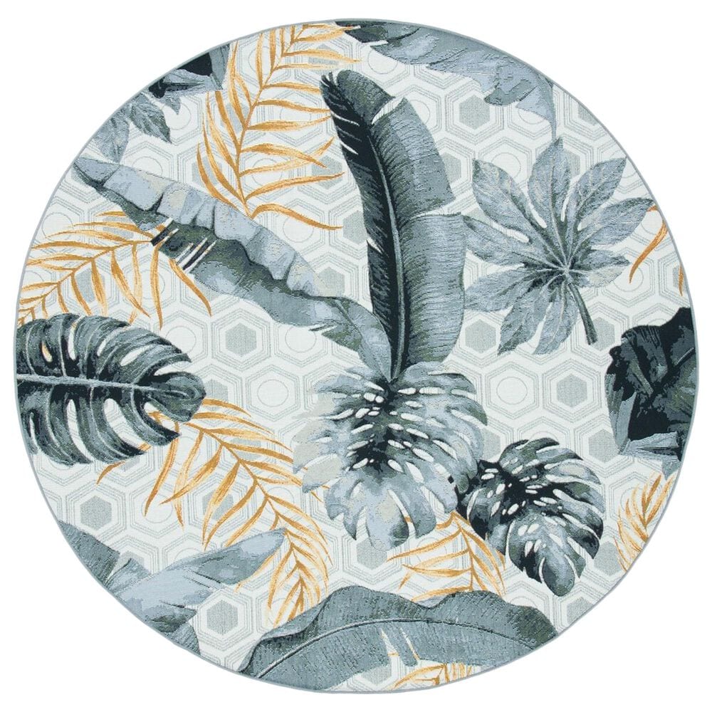 Safavieh Barbados Tropical Botanical 5"3" Round Grey and Gold Indoor/Outdoor Area Rug, , large
