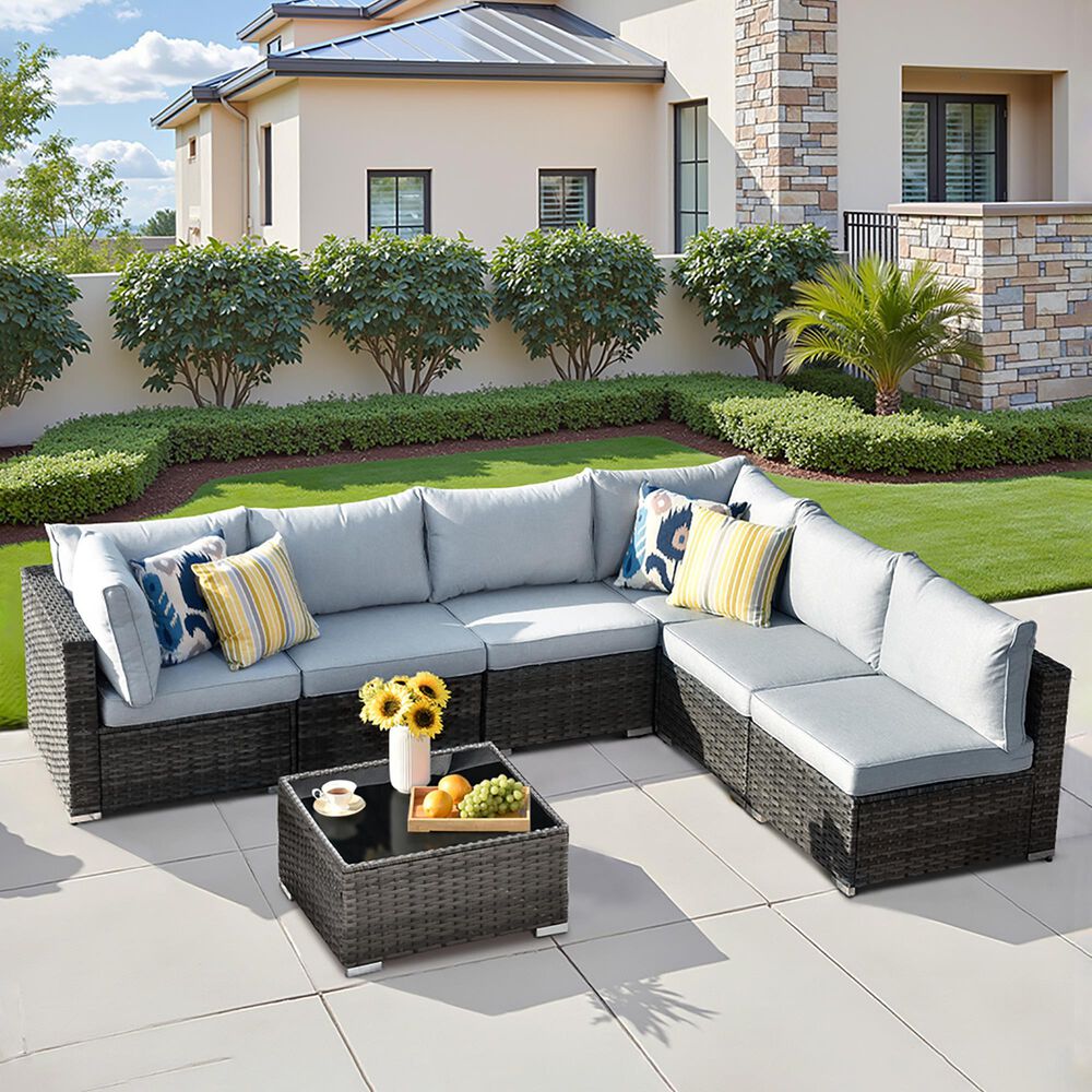 HOMLUX 7-Piece Patio Conversation Set with Grey Wicker in Gray, , large