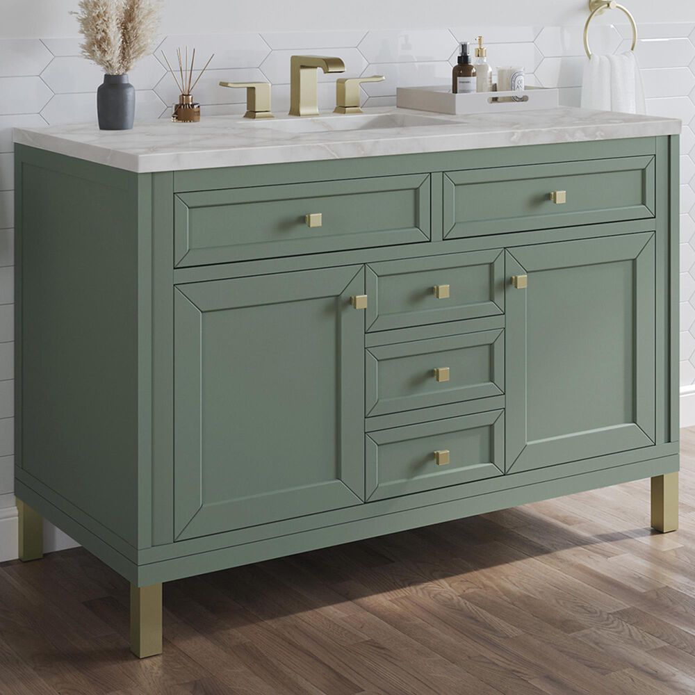 James Martin Vanities Chicago 48" Single Bathroom Vanity in Smokey Celadon with 3 cm Eternal Jasmine Pearl Silestone Top, Rectangular Sink and FreePower Wireless Charger, , large