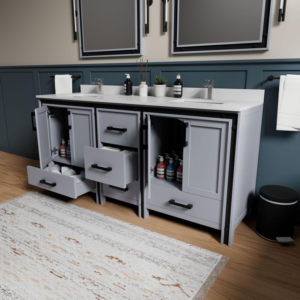 Lexora Home Ziva 72" Double Bathroom Vanity in Dark Grey with 2 cm White Quartz Top and Rectangular Sinks, , large
