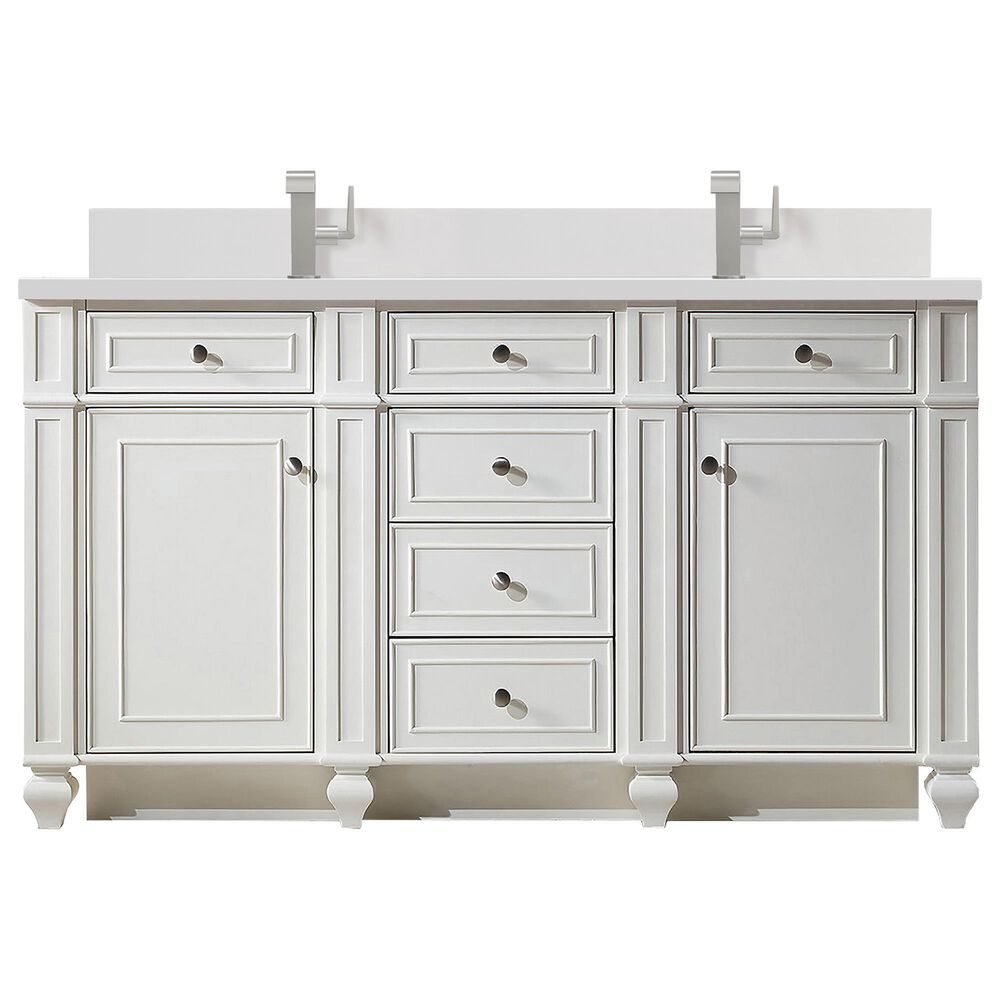 James Martin Vanities Bristol 60" Double Bathroom Vanity in Bright White with Single Hole 3 cm White Zeus Quartz Top and Rectangular Sinks, , large