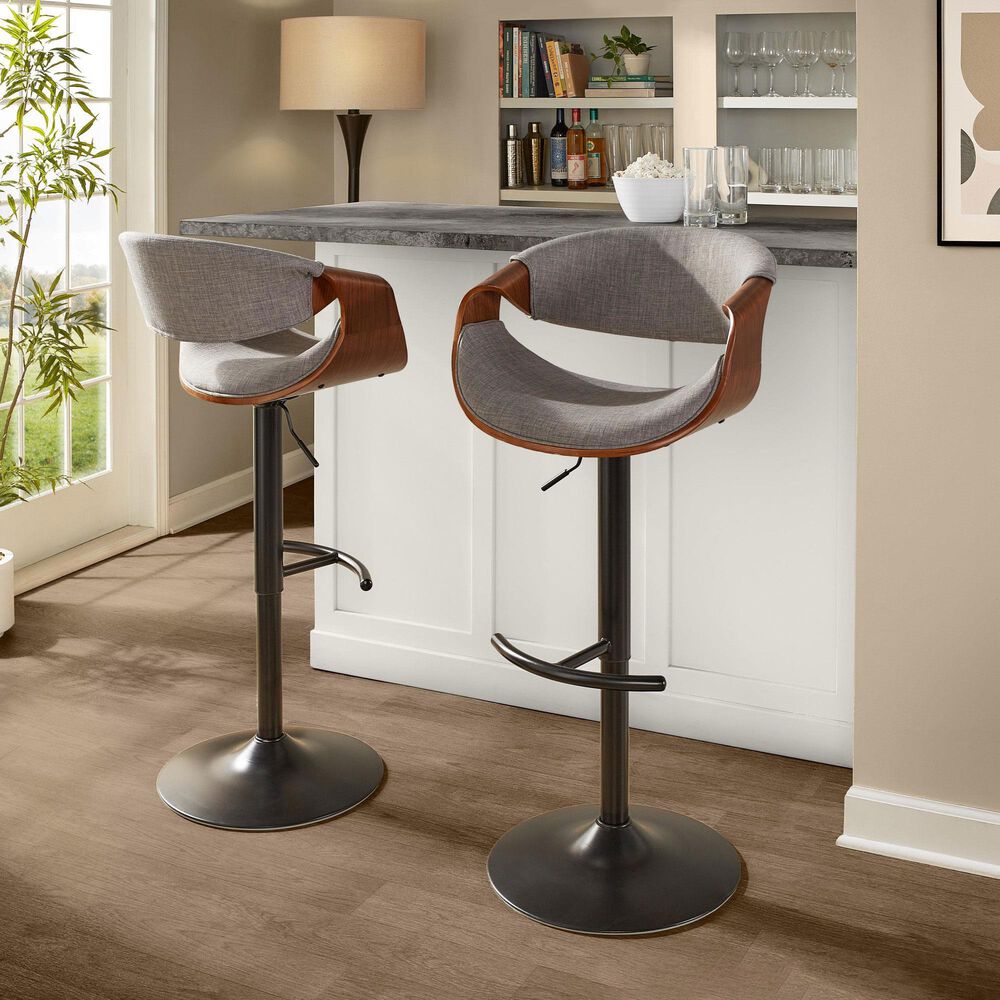 LumiSource Curvo Swivel Adjustable Barstool with Light Grey Upholstery in Black and Walnut (Set of 2), , large