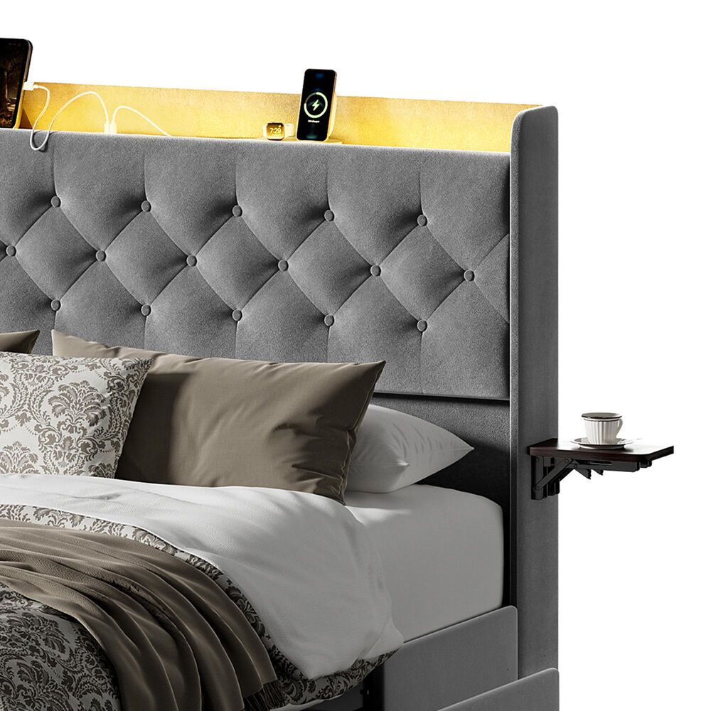 HOMLUX Full Upholstered Platform Storage Bed with Headboard Shelf and USB Charging Station in Gray, , large