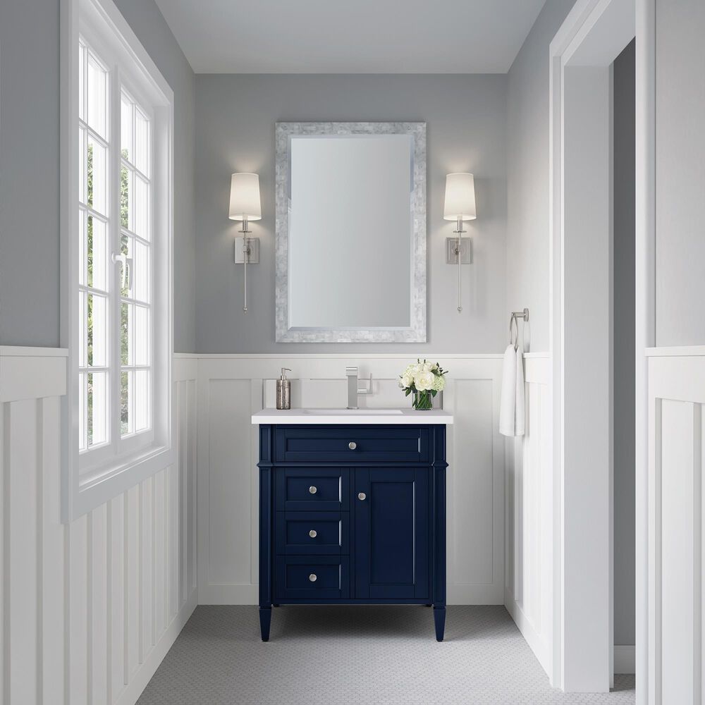 James Martin Vanities Brittany 30" Single Bathroom Vanity in Victory Blue with Single Hole 3 cm White Zeus Quartz Top and Rectangular Sink, , large