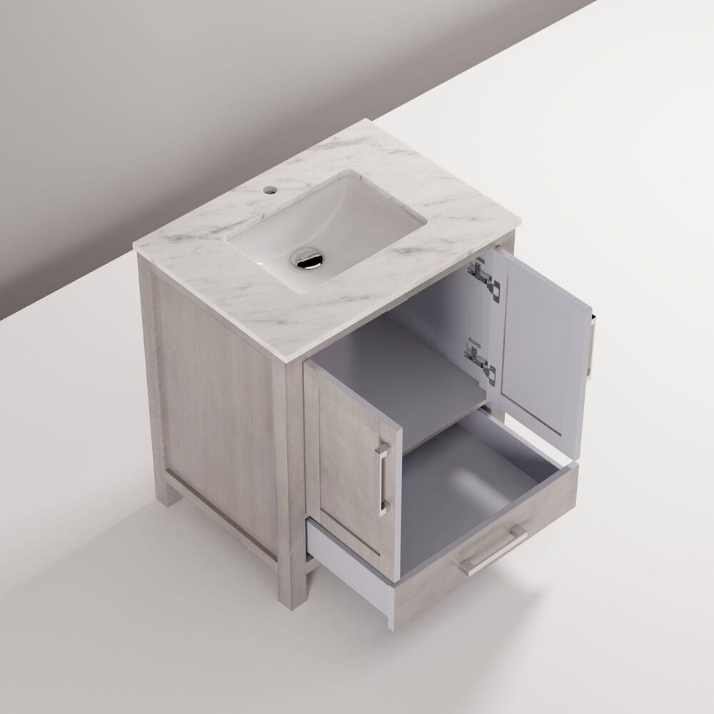 Lexora Home Jacques 30&quot; Single Bathroom Vanity in Distressed Grey with 2 cm White Carrara Marble Top and Rectangular Sink, , large