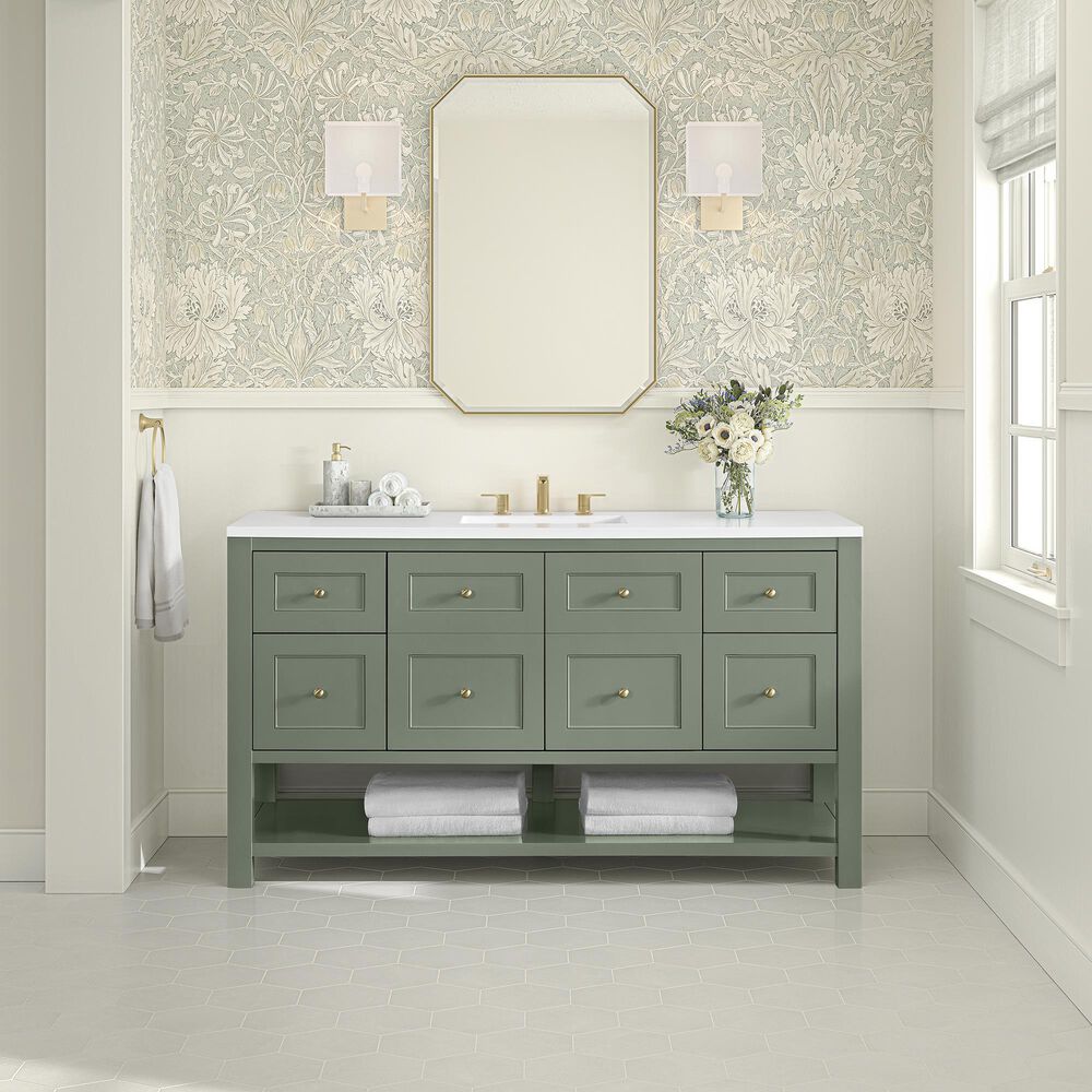 James Martin Vanities Breckenridge 60" Single Bathroom Vanity in Smokey Celadon with 3 cm White Zeus Quartz Top and Rectangular Sink, , large