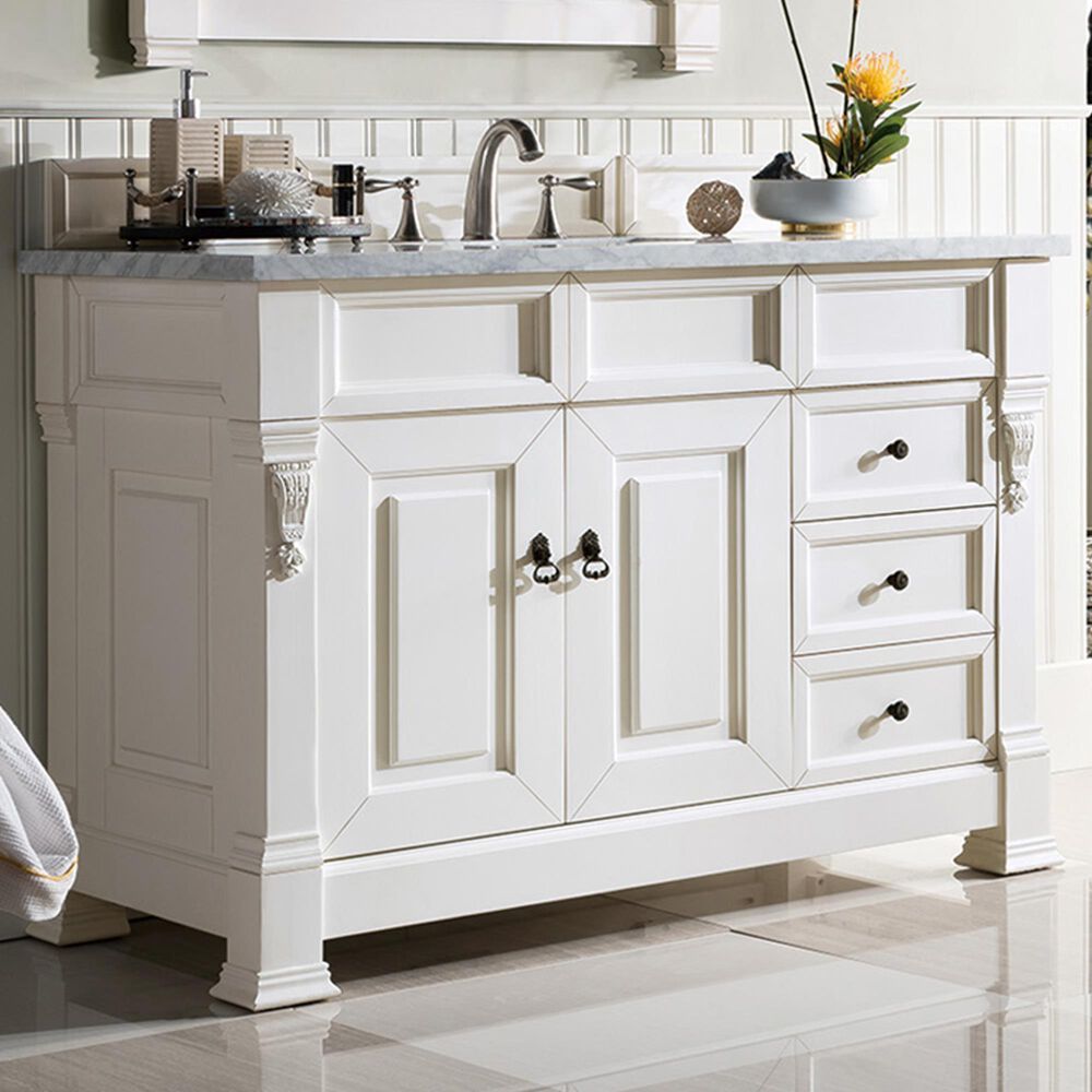 James Martin Vanities Brookfield 48&quot; Single Bathroom Vanity in Bright White with 3 cm Carrara White Marble Top and Rectangle Sink, , large