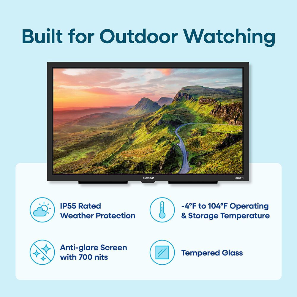 Element 65" 4K UHD Partial Sun Outdoor Xumo - Smart TV with 2.0 Outdoor Soundbar and Outdoor Tilt Mount in Black, , large