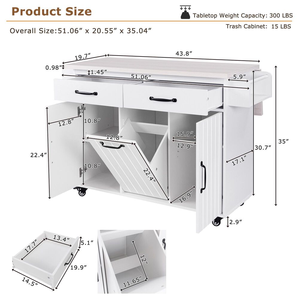 HOMLUX 44" Kitchen Island with Trash Can Storage Cabinet in White, , large