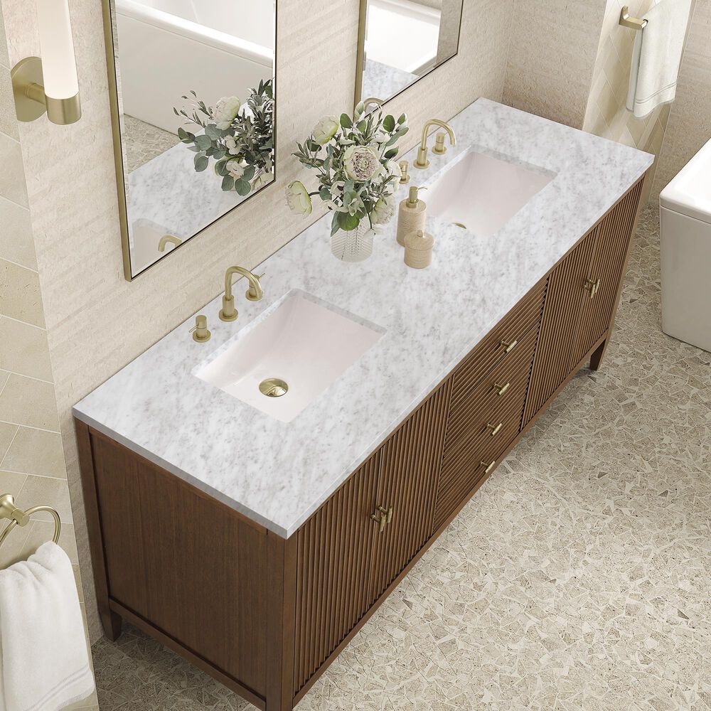 James Martin Vanities Myrrin 72&quot; Double Vanity in Mid Century Walnut with 3 cm Carrara White Marble Top, , large