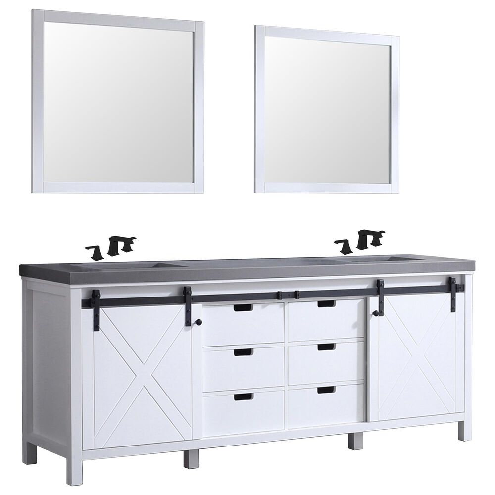 Lexora Home Marsyas 84" Double Bathroom Vanity in White with Grey Quartz Top, Rectangle Sinks, Matte Black Faucets and Mirrors, , large
