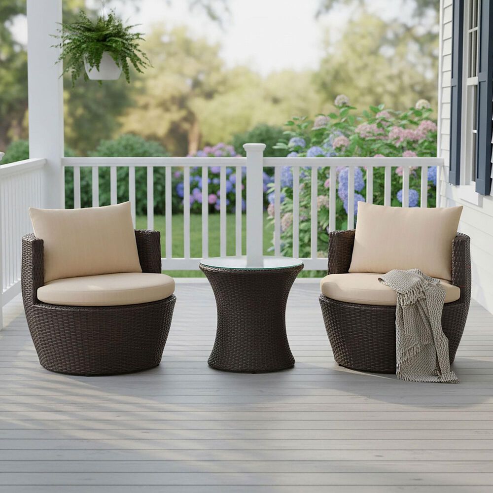 Hearth and Haven Kono 3-Piece Outdoor Chat Set with Dark Brown Glass-Top Hourglass Side Table in Ivory, , large