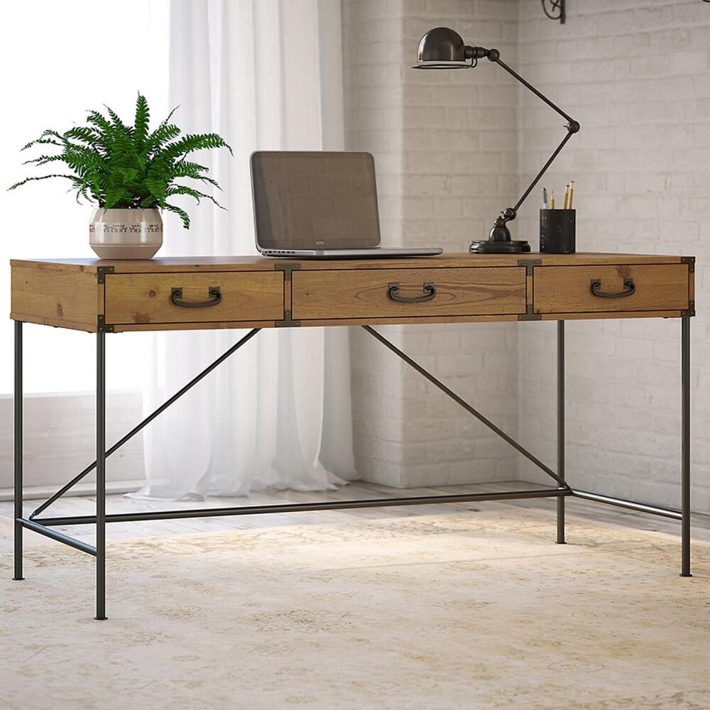 Bush kathy ireland Home Ironworks 60" Writing Desk with Drawers in Vintage Golden Pine, , large