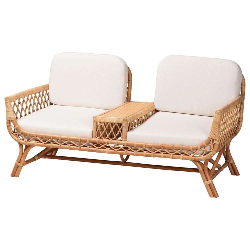 Baxton Studio Pakis Stationary Tete-a-Tete Sofa with Light Honey Rattan in Neutral, , large