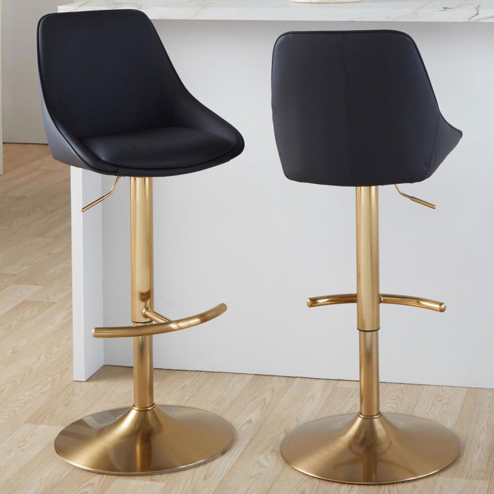 LumiSource Diana Adjustable Barstool with Black Faux Leather Upholstery in Gold (Set of 2), , large