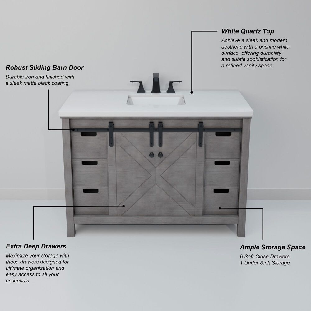 Lexora Home Marsyas 48" Single Bathroom Vanity in Ash Grey with White Quartz Top and Rectangular Sink, , large