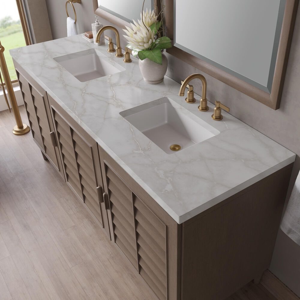 James Martin Vanities Portland 72" Double Bathroom Vanity in Whitewashed Walnut with 3 cm Eternal Jasmine Pearl Silestone Top, Rectangular Sinks and FreePower Wireless Charger, , large