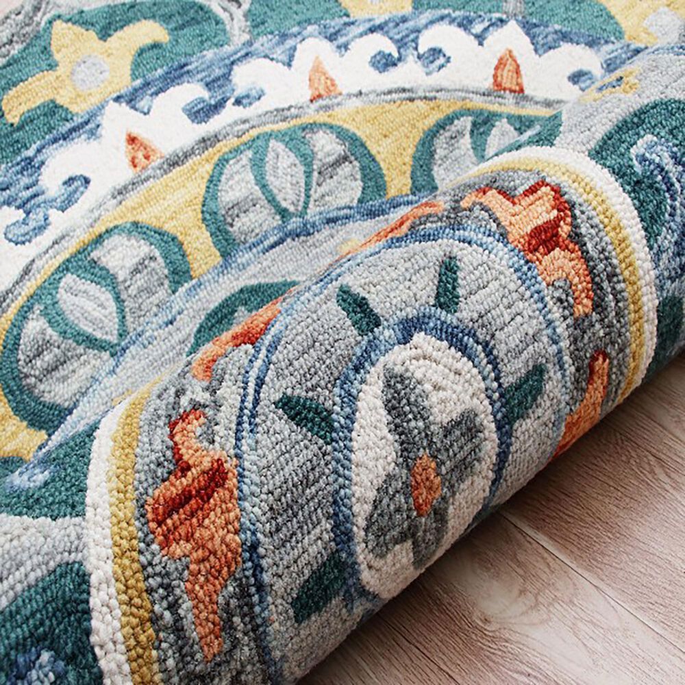L&amp;R Resources Sinuous Radiant Mandala Medallion 4&#39; Scalloped Teal, Yellow, White and Orange Area Rug, , large